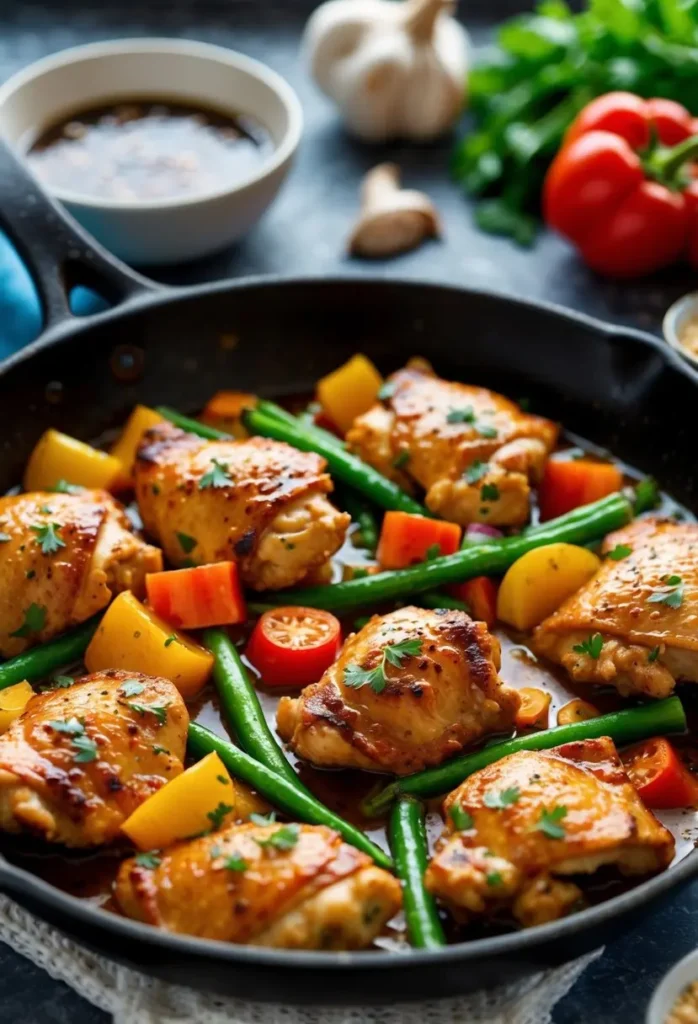 A sizzling skillet of honey garlic chicken and colorful vegetables cooking together in a savory sauce