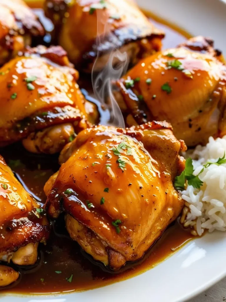 A close-up photo of a plate of golden-brown chicken thighs glazed with a rich, flavorful sauce. The chicken is steaming hot and looks incredibly appetizing. There is also a small mound of rice on the plate.