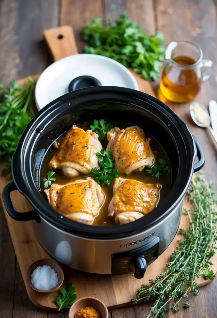 A crockpot filled with honey garlic chicken thighs surrounded by fresh herbs and spices