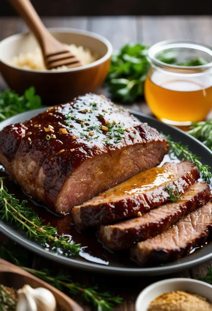 A sizzling beef brisket coated in a glossy honey garlic glaze, surrounded by fresh herbs and spices