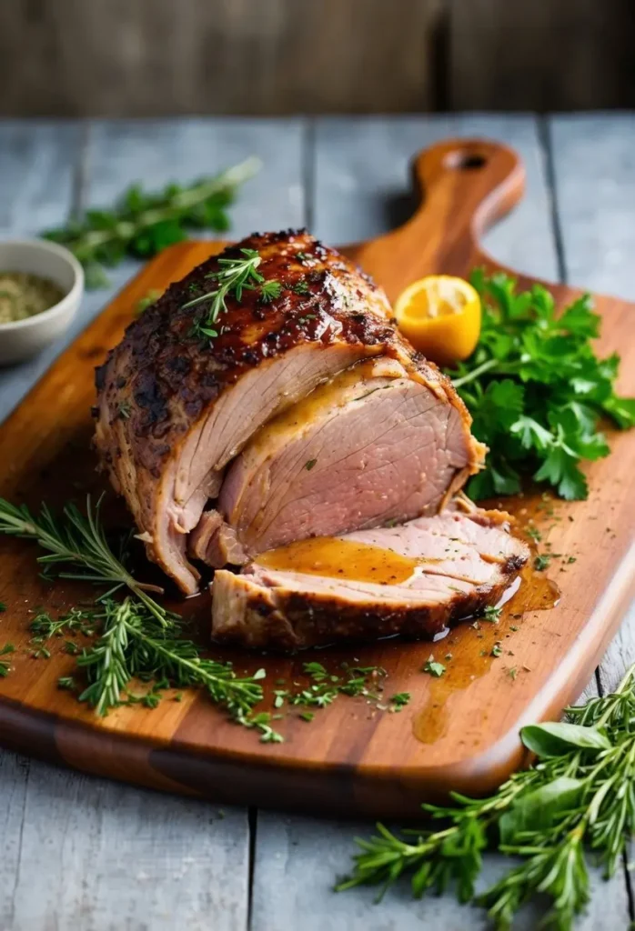 A succulent honey-glazed lamb shoulder surrounded by fresh herbs and spices on a rustic wooden cutting board