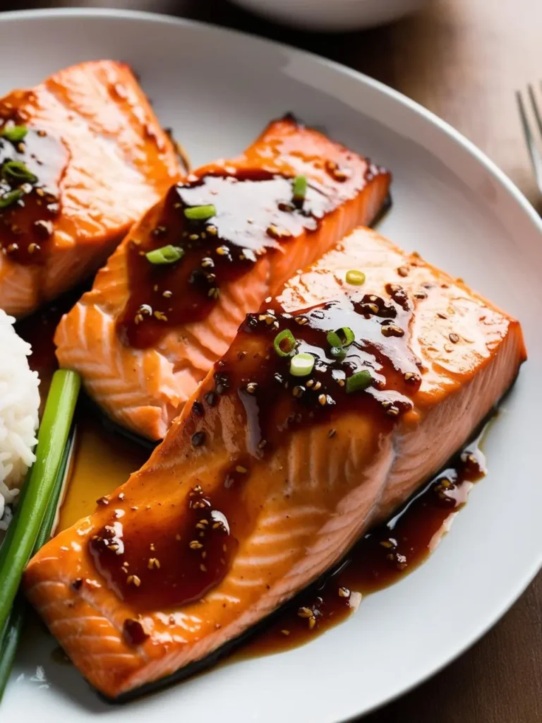 Three golden-brown salmon fillets are glazed with a sweet and savory teriyaki sauce and garnished with sesame seeds and green onions. The salmon is served on a white plate with a side of steamed rice.