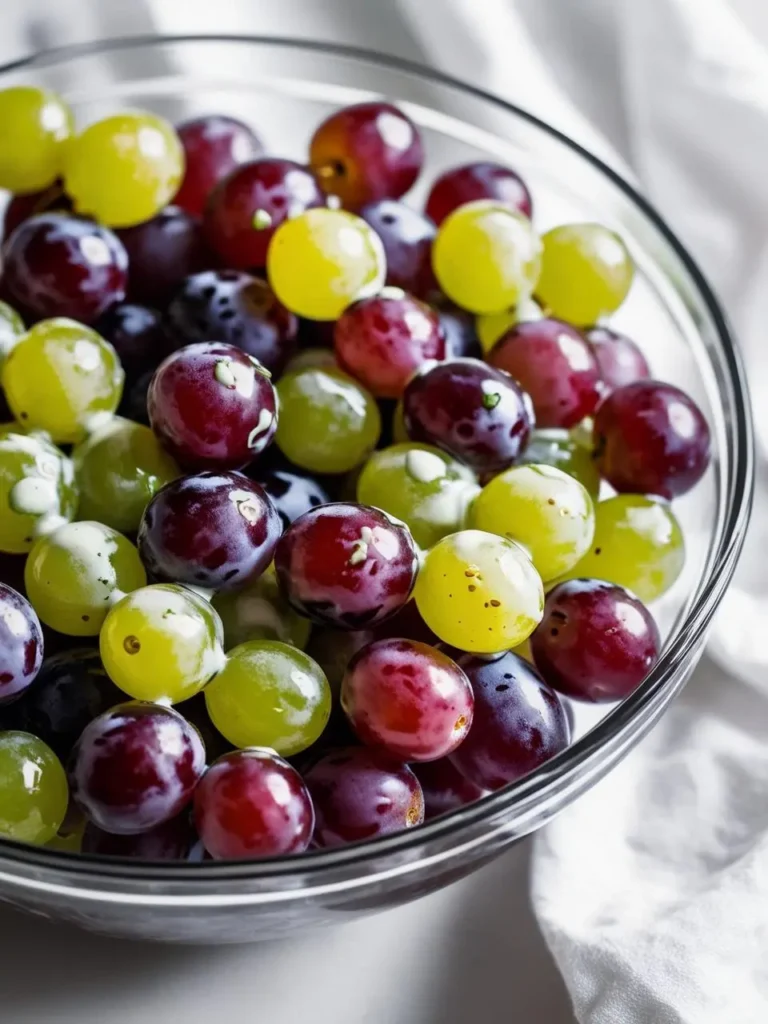 A bowl of fresh grapes, coated in a creamy dressing. The grapes are a mix of red and green, and the dressing adds a touch of sweetness and richness to the dish.