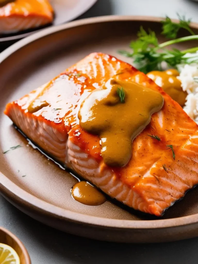 A golden-brown salmon fillet is drizzled with a creamy yellow sauce and served on a plate with white rice. Fresh dill sprigs and a lime wedge add a touch of color and freshness to the dish.