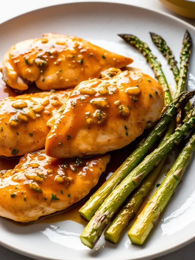 Three golden-brown chicken breasts are covered in a sweet and savory sauce and garnished with pine nuts. The dish is served with a side of steamed asparagus spears, making it a delicious and healthy meal.