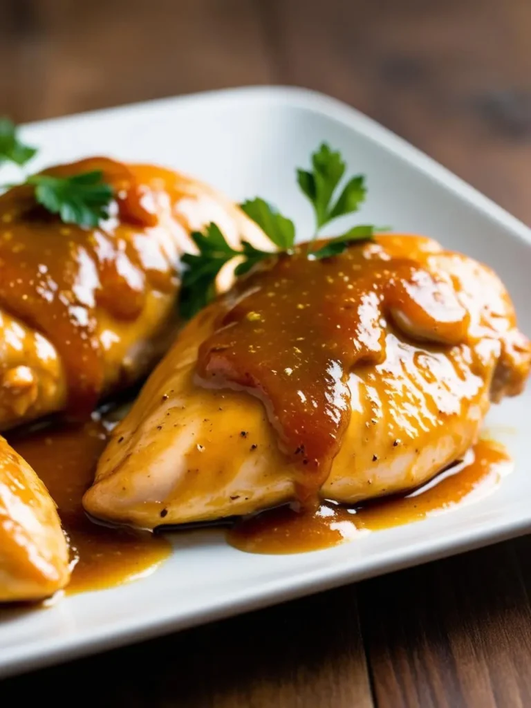 A plate of juicy, golden-brown chicken breasts smothered in a sweet and savory orange glaze. The chicken looks tender and flavorful, perfect for a weeknight dinner.