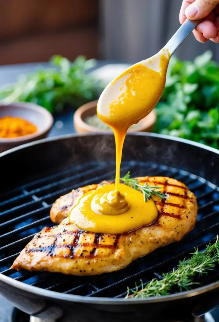 A sizzling honey mustard chicken breast on a grill, surrounded by fresh herbs and spices