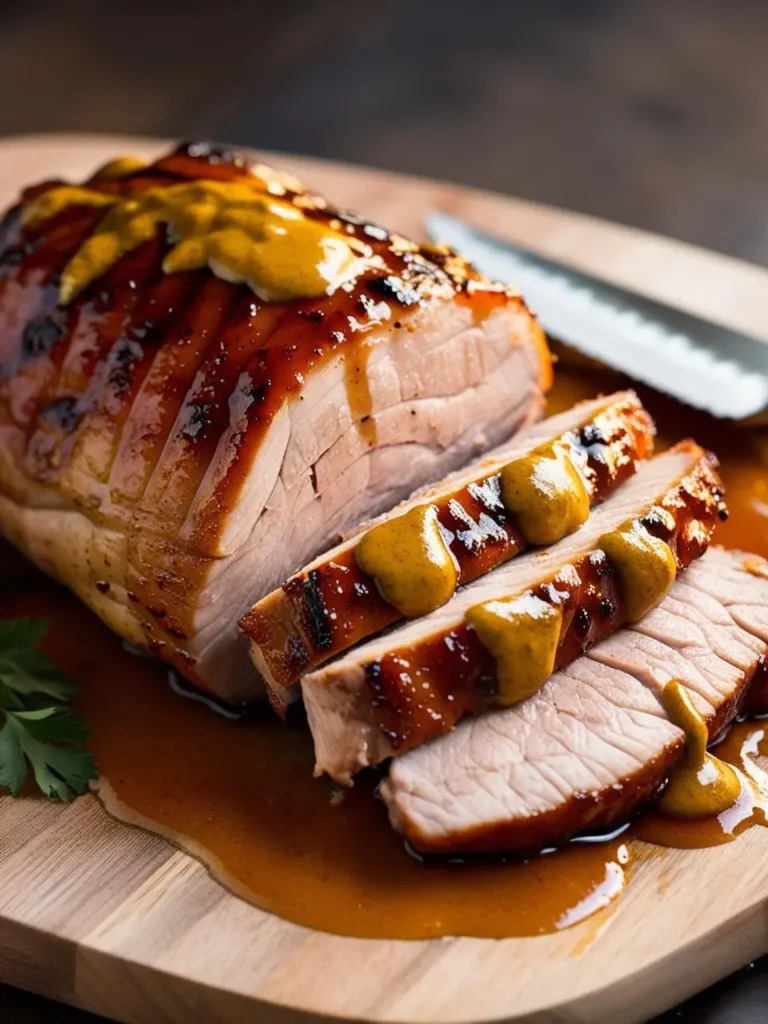 A close-up of a sliced pork loin on a wooden cutting board, glazed with a golden brown sauce and mustard. The meat looks juicy and tender.