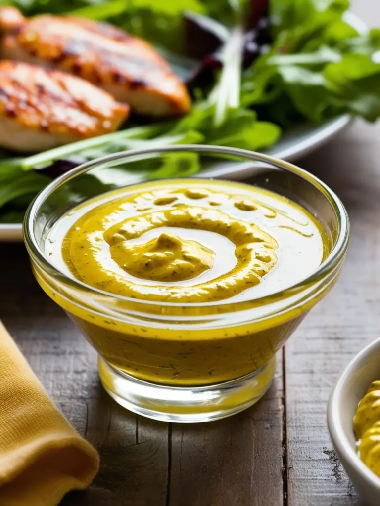 A glass bowl filled with a creamy yellow dressing, with a swirl pattern on top. The dressing appears to be made with mustard and herbs. In the background, there is a plate with grilled chicken and a salad.