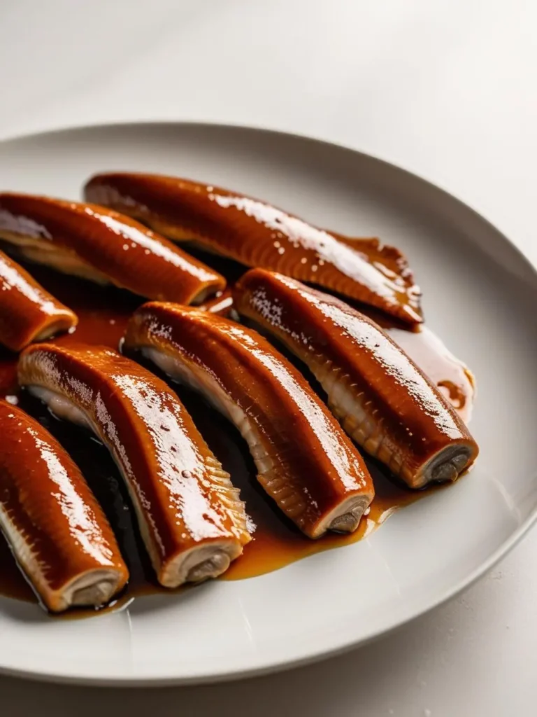 Close-up of tender, honey-soy glazed eel fillets arranged on a white plate. Each piece is coated in a glossy, rich brown sauce, giving the dish a lustrous appearance. The glaze highlights the texture of the eel, creating an inviting, savory look that suggests a combination of sweet and umami flavors.