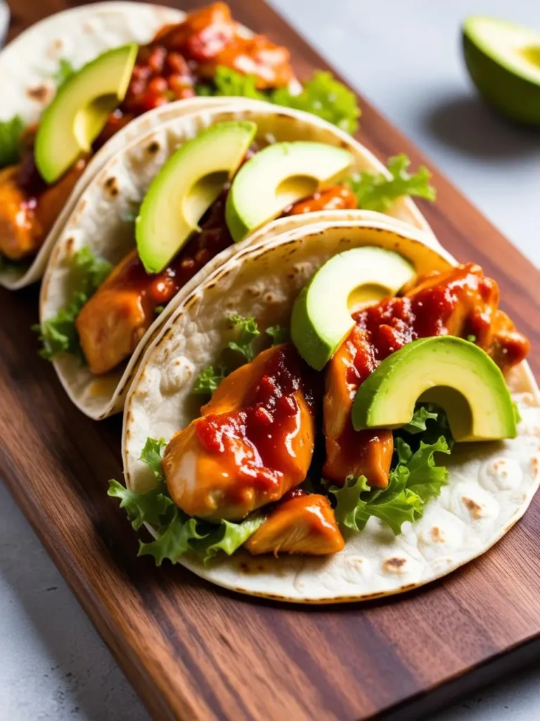 Three soft tortillas filled with chicken, topped with lettuce, avocado, and a spicy sauce. The tacos are arranged on a wooden board, ready to be enjoyed.