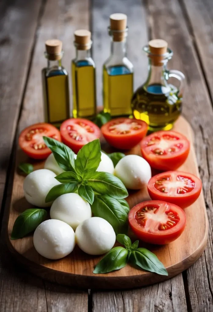 A rustic wooden table with a variety of fresh mozzarella balls, sliced tomatoes, basil leaves, and olive oil bottles arranged for a recipe photoshoot