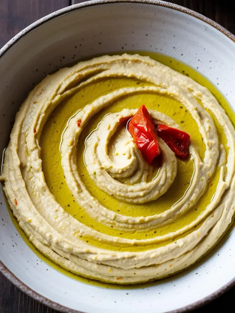 A bowl of creamy hummus topped with olive oil and sun-dried tomatoes.