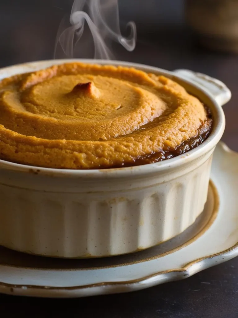 A warm bowl of traditional Indian pudding, served in a rustic ceramic ramekin with a golden, slightly caramelized top. The pudding has a rich, smooth texture with steam rising from it, highlighting its freshly baked warmth. The ramekin sits on a matching saucer, adding a cozy, homestyle touch to this classic American dessert. The subtle, earthy colors and texture invite a comforting, nostalgic feel.