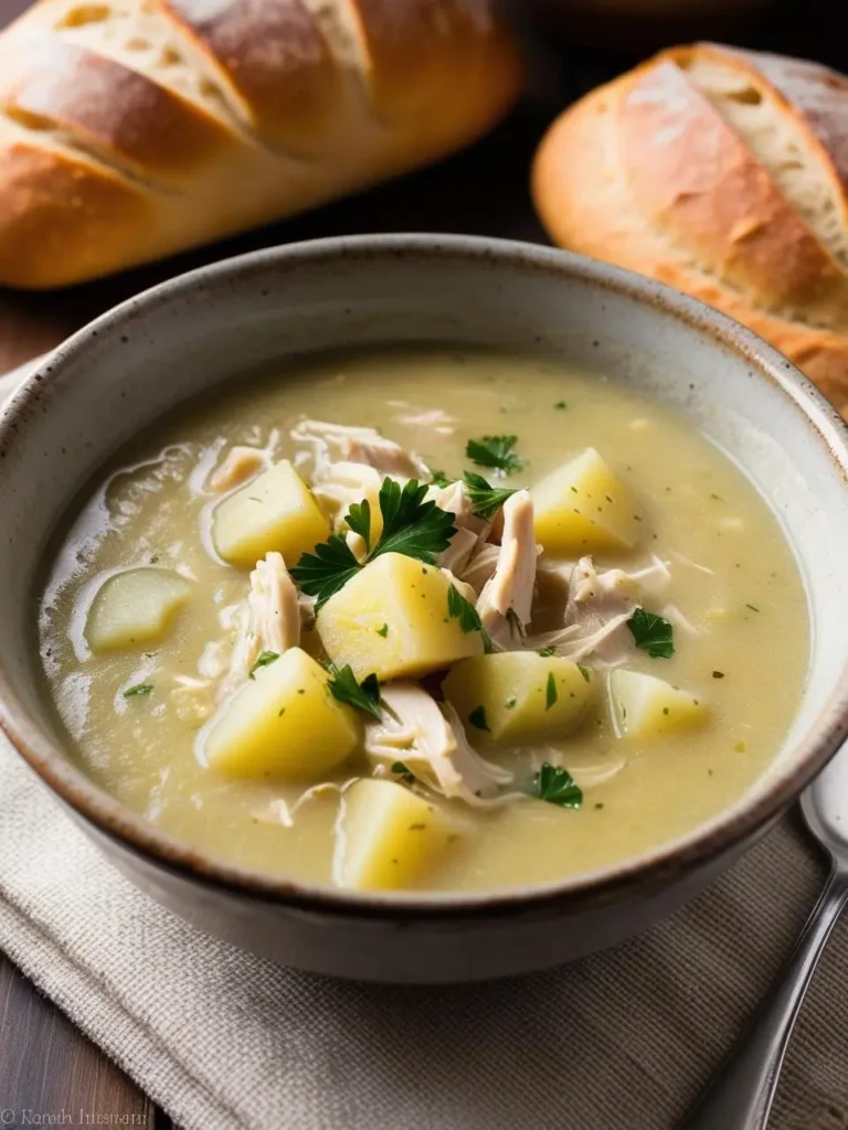 A bowl of creamy chicken and potato soup with chunks of chicken and potatoes, garnished with fresh parsley. The soup looks comforting and perfect for a cold day.