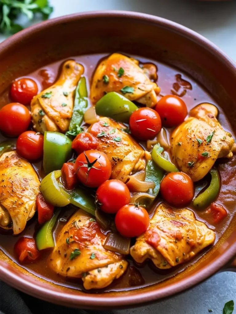 Vibrant bowl of Italian chicken stew (Cacciatore) featuring tender chicken thighs, cherry tomatoes, bell peppers, and onions simmered in a rich tomato sauce, garnished with fresh herbs. A hearty, flavorful dish perfect for any weeknight dinner