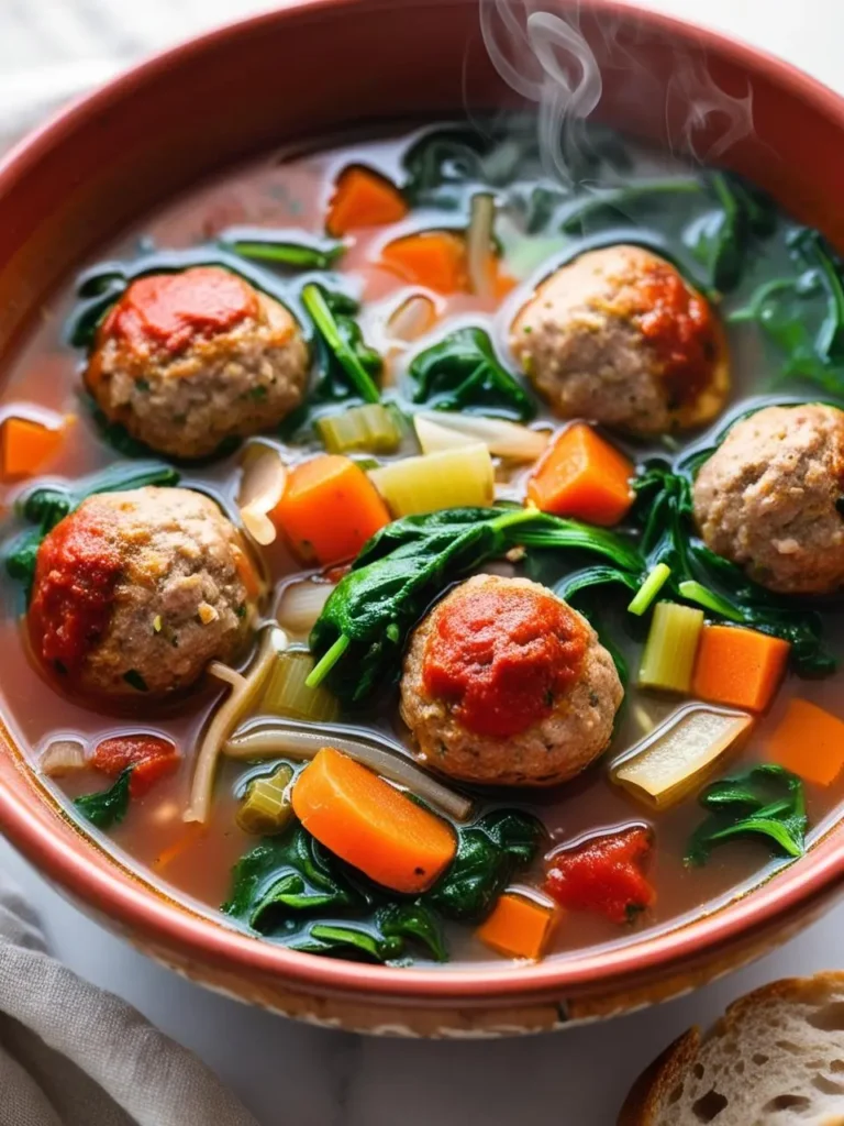 A steaming bowl of Italian wedding soup with meatballs, spinach, carrots, celery, and pasta. The soup looks hearty and comforting, perfect for a cold day.