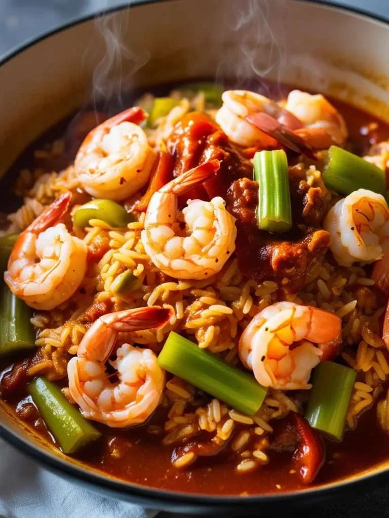 A steaming bowl of shrimp jambalaya with rice, shrimp, vegetables, and a spicy tomato sauce. The dish looks flavorful and perfect for a comforting meal.