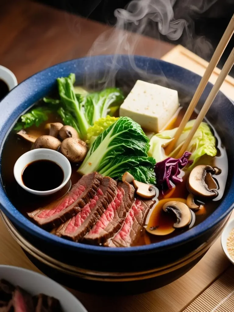 The image depicts a beautifully presented bowl of Japanese shabu-shabu, a hot pot dish that includes thinly sliced beef, fresh vegetables like bok choy, mushrooms, and a block of tofu in a steaming, flavorful broth. The steam rising from the bowl adds warmth and appeal, while chopsticks rest on the edge, ready to enjoy. A small bowl of soy-based dipping sauce is placed next to the bowl, completing this inviting and traditional Japanese meal setting.