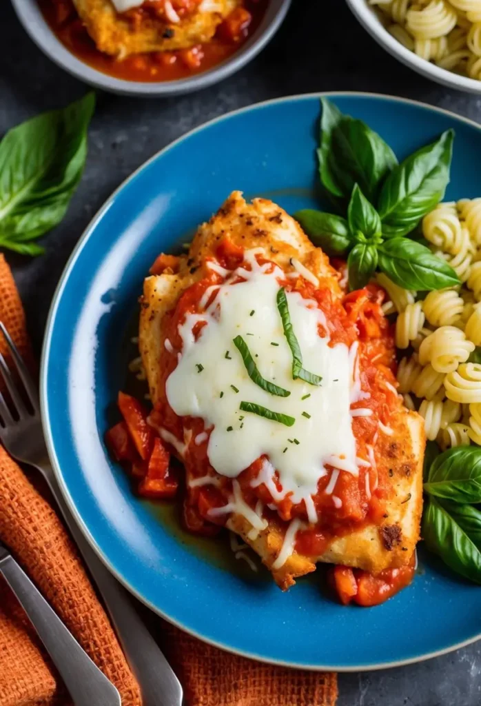 A plate of Keto Chicken Parmesan with vibrant tomato sauce and melted cheese, surrounded by fresh basil leaves and a side of steamed vegetables