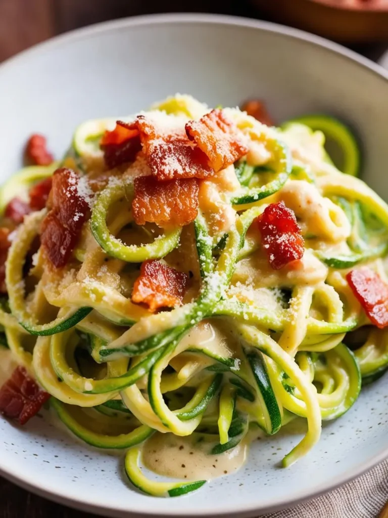 A steaming bowl of keto zucchini noodle carbonara topped with crispy fried bacon and grated Parmesan cheese.