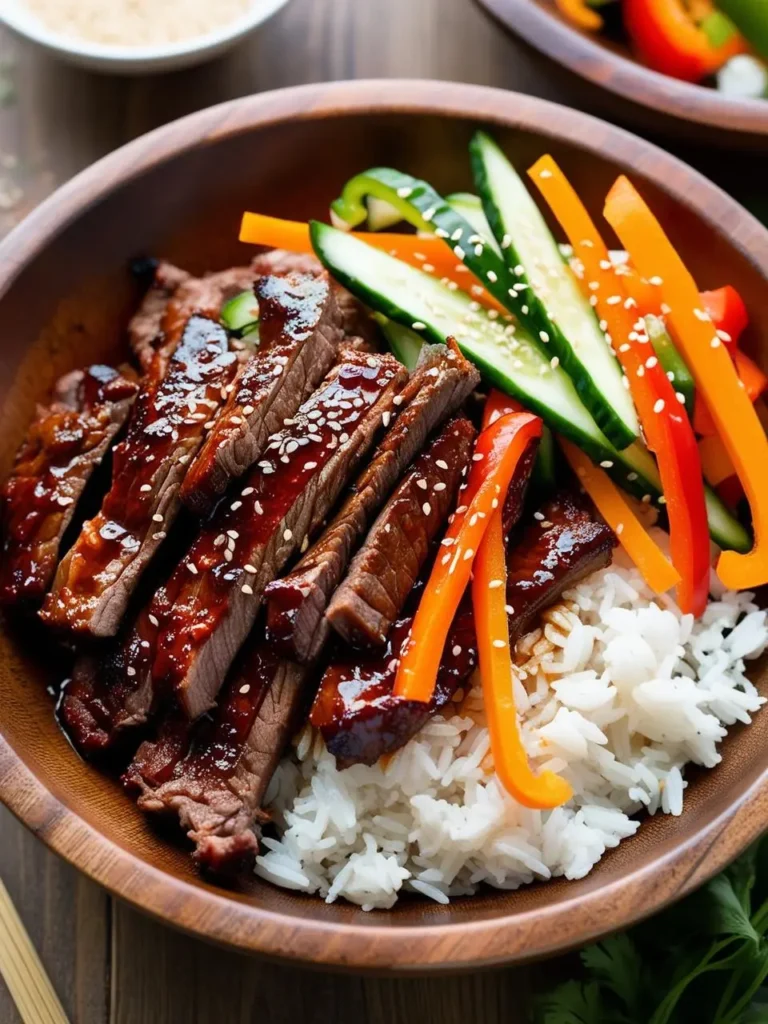 A bowl of Korean BBQ beef bowl with sliced beef, white rice, and colorful bell peppers and cucumbers. The beef is glazed with a sweet and savory sauce and sprinkled with sesame seeds.