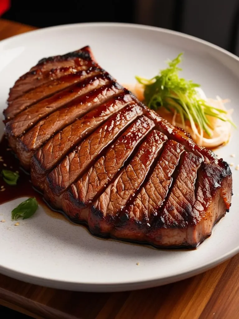 A perfectly cooked steak with a golden brown crust, resting on a white plate with a side of wasabi and ginger. The steak is glazed with a teriyaki sauce.