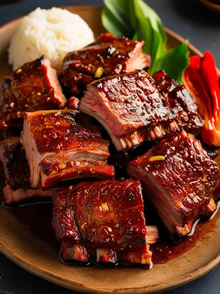 A close-up view of juicy, glazed Korean BBQ short ribs arranged on a rustic brown plate. The ribs are coated in a rich, caramelized sauce with visible sesame seeds and spices, exuding a mouthwatering sheen. Accompanied by a small mound of steamed white rice and garnished with vibrant green leaves and red chili slices for a touch of color.