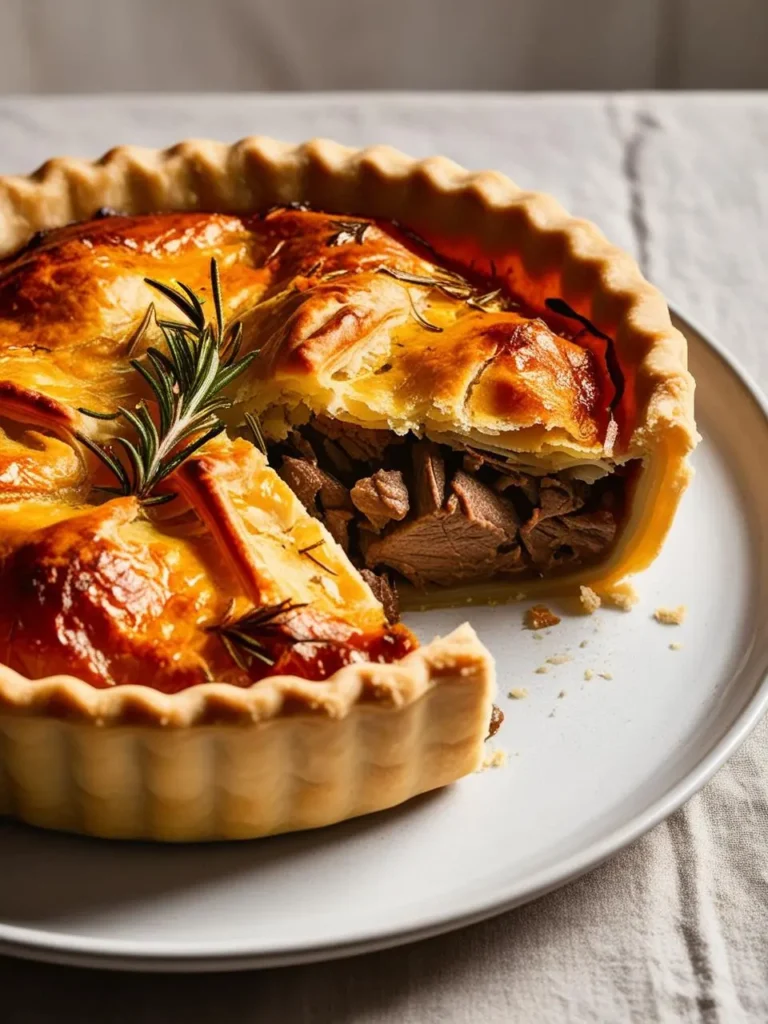 A golden brown lamb pie with a flaky crust, filled with tender lamb meat and topped with a sprig of rosemary.