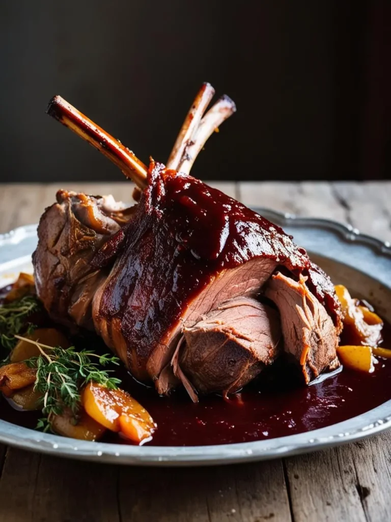 A perfectly roasted rack of lamb, glazed with a rich, dark sauce. The lamb is sliced open to reveal juicy, tender meat. The dish is accompanied by roasted apples and looks incredibly appetizing.