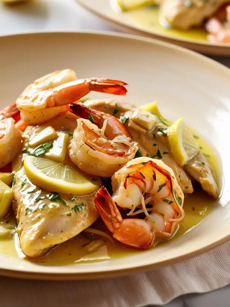 A plate of lemon-garlic chicken and shrimp. The chicken and shrimp are cooked to perfection and are covered in a delicious lemon-garlic sauce.