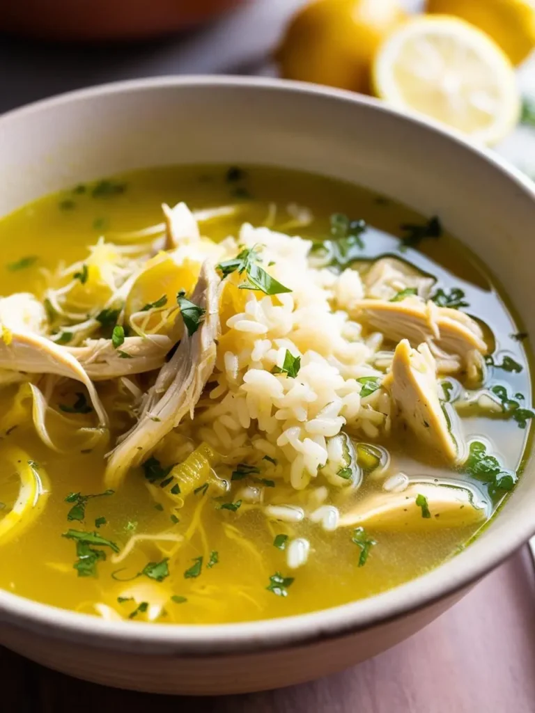 A bowl of creamy chicken and rice soup with lemon zest and parsley. The soup looks warm and comforting, perfect for a chilly day.