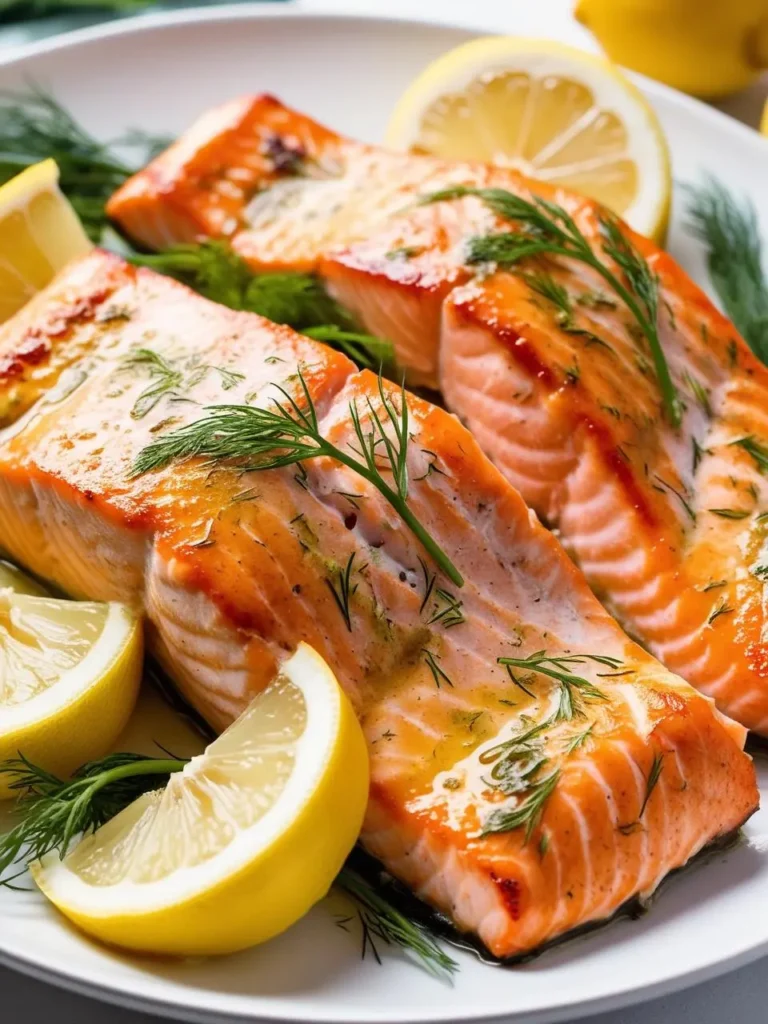 Two golden-brown salmon fillets are served on a white plate with lemon wedges and fresh dill. The salmon looks perfectly cooked and incredibly appetizing.