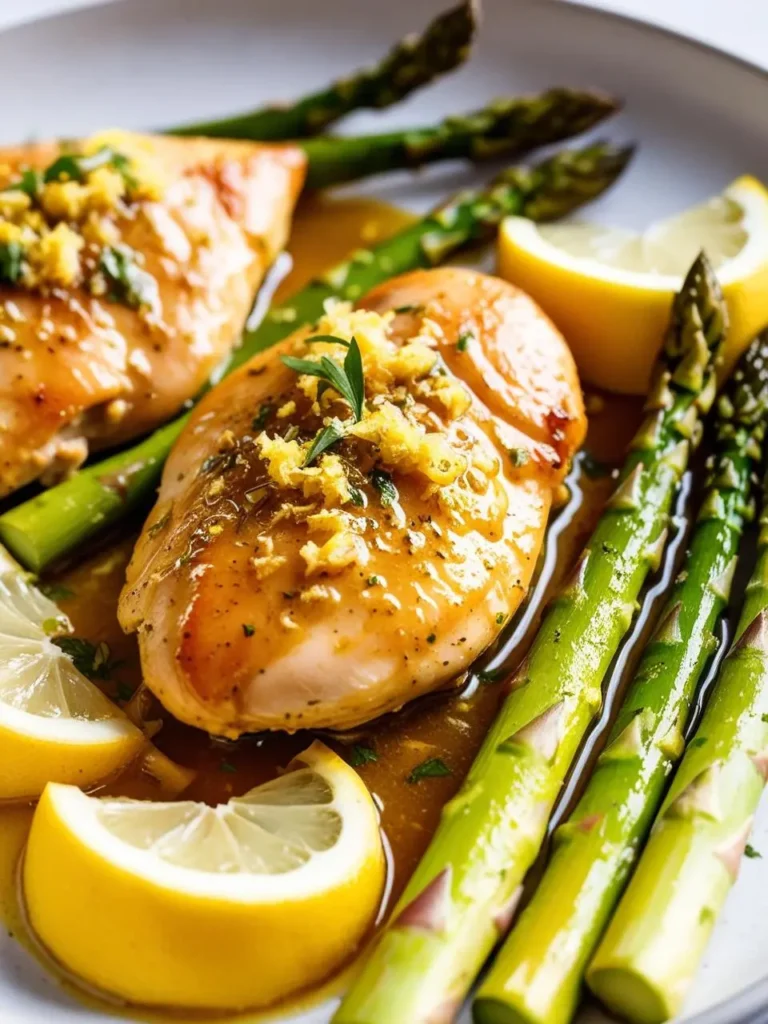 Two golden-brown chicken breasts are smothered in a creamy lemon sauce and served with a side of asparagus spears and lemon wedges. The dish looks incredibly appetizing and perfect for a light and healthy meal.