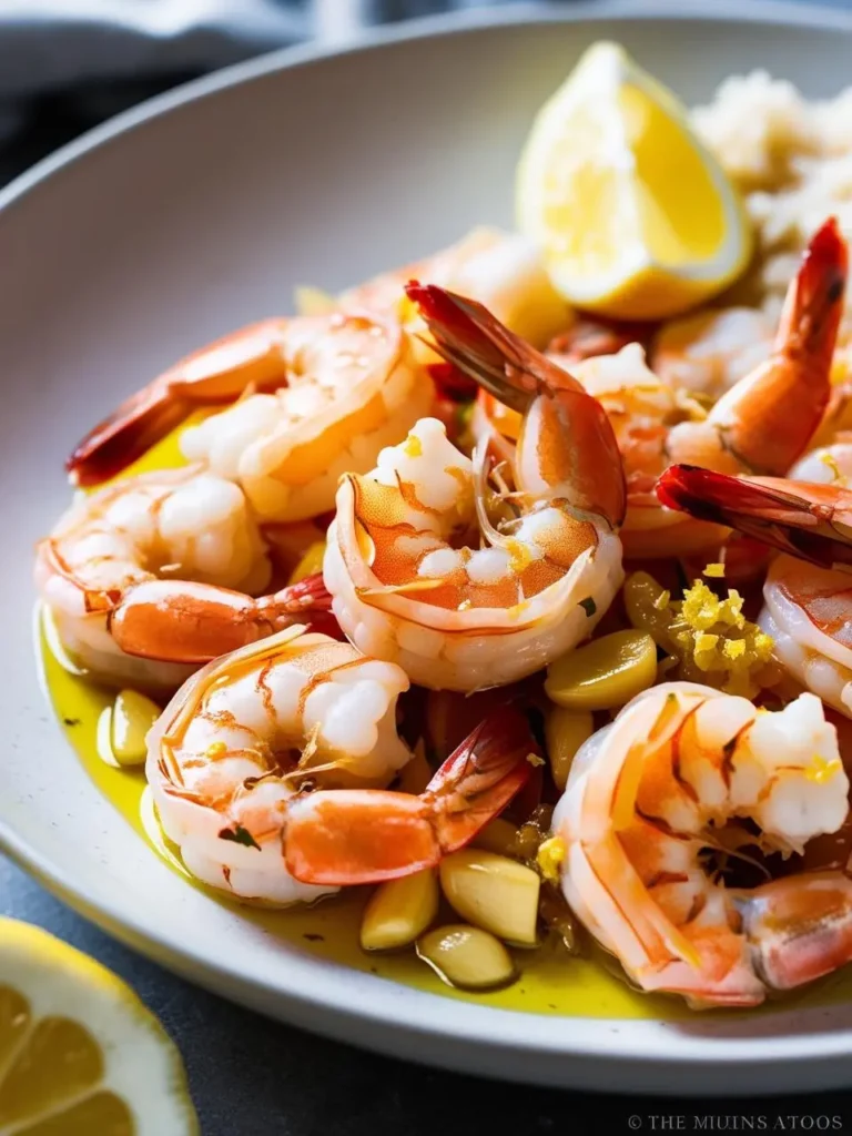 A plate of juicy shrimp cooked in a garlic and lemon sauce, served with a wedge of lemon. The dish looks flavorful and perfect for a light and healthy meal.