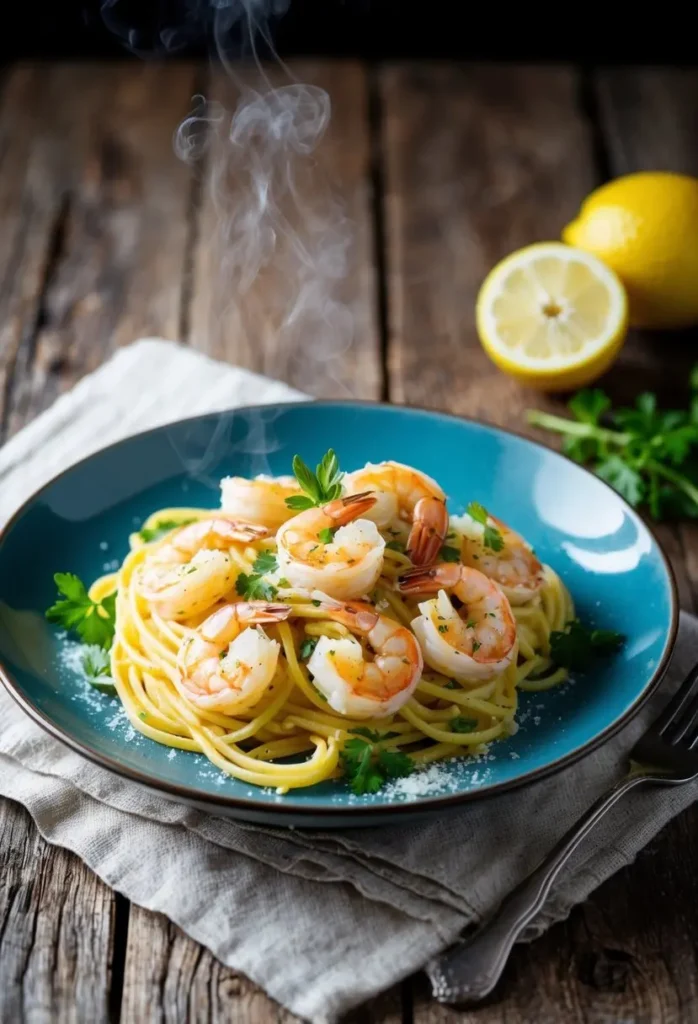 A steaming plate of Lemon Garlic Shrimp Pasta with fresh herbs and a sprinkle of parmesan on a rustic wooden table