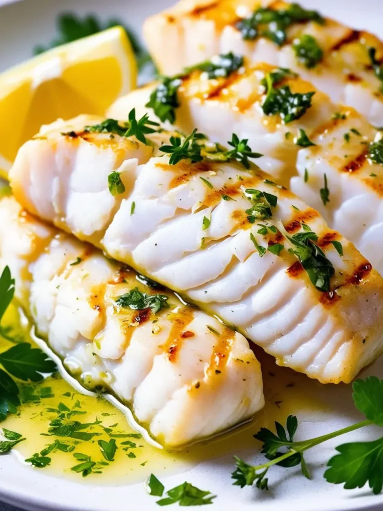 Three golden-brown grilled cod fillets, drizzled with a lemon-herb sauce and garnished with fresh parsley. The fish looks perfectly cooked and incredibly appetizing.