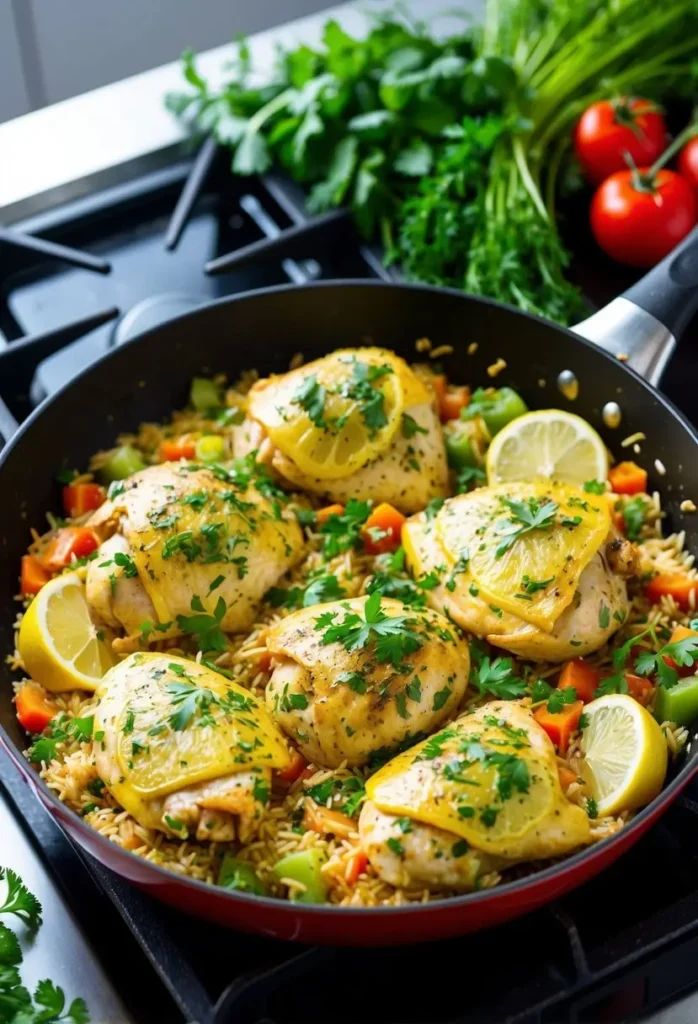 A sizzling skillet of lemon herb chicken and rice, surrounded by fresh herbs and colorful vegetables, simmering over a stovetop flame