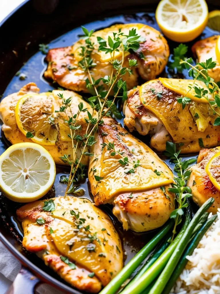 A close-up photo of a skillet filled with juicy, golden-brown lemon-herb chicken breasts. The chicken is topped with fresh thyme and lemon slices, and there are also asparagus spears and rice on the side.