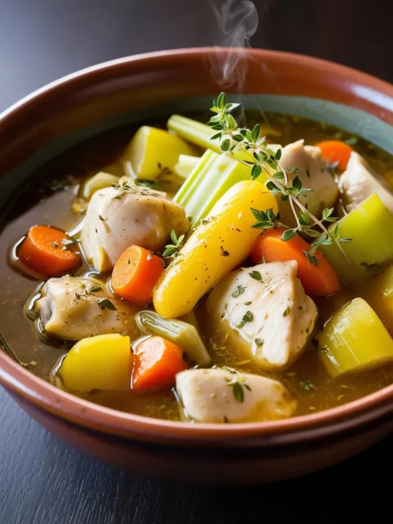 A steaming pot of lemon herb chicken stew surrounded by fresh ingredients and cooking utensils