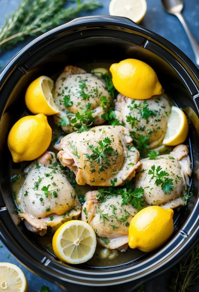 Fresh herbs and lemons surround a pile of chicken thighs in a crockpot