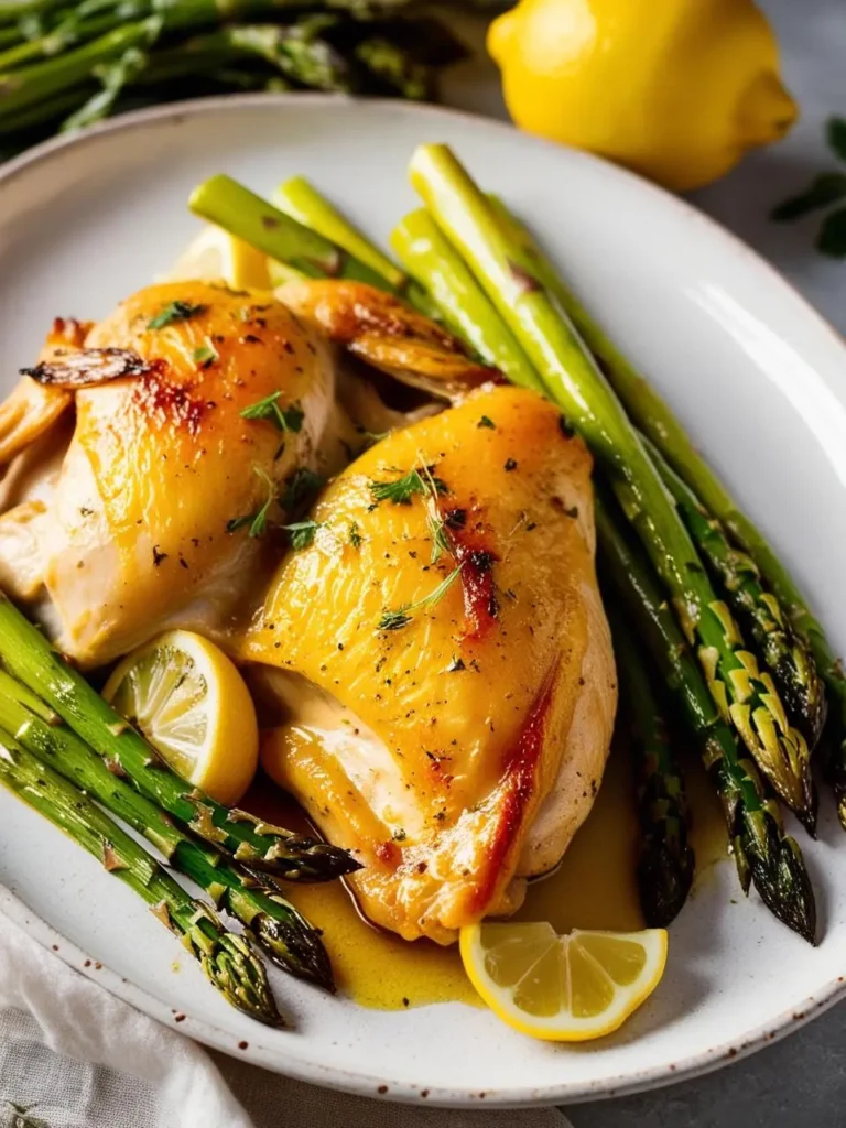 A plate of lemon-herb roasted chicken with asparagus and lemon wedges.