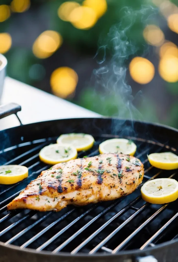 A sizzling chicken breast grilling on a barbecue with lemon slices and herbs scattered around