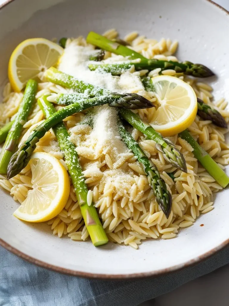 A plate of orzo pasta topped with asparagus spears, lemon slices, and grated Parmesan cheese. The dish looks light, fresh, and perfect for a spring or summer meal.