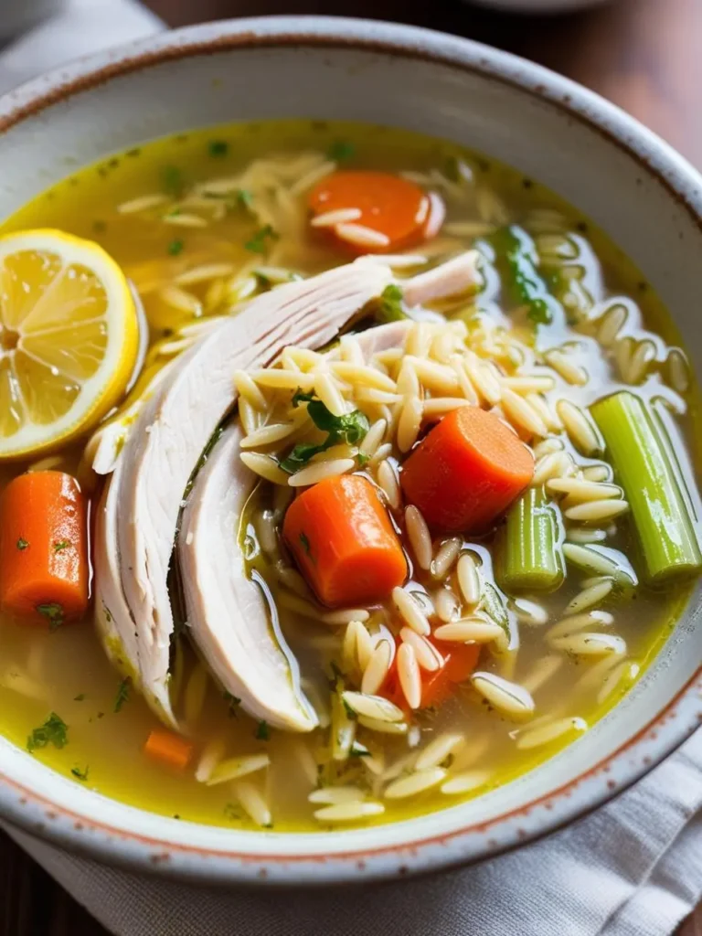 A bowl of steaming chicken noodle soup with orzo pasta, carrots, celery, and a lemon wedge. The soup looks comforting and perfect for a cold day.