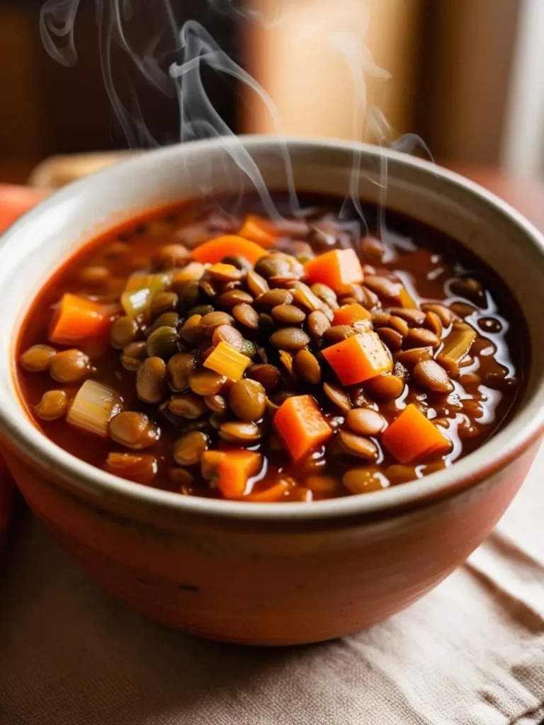 A bowl of lentil soup simmering on a stovetop on the wooden table