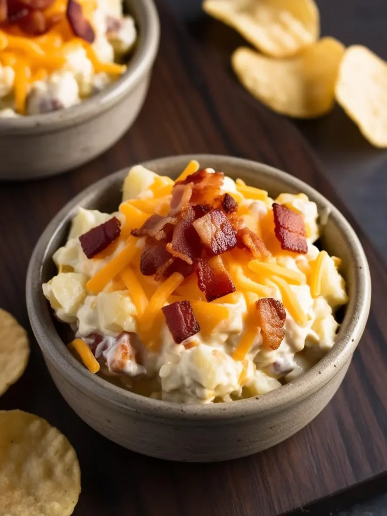 A creamy potato dip topped with crispy bacon bits and shredded cheddar cheese, served in a small bowl with potato chips on the side.