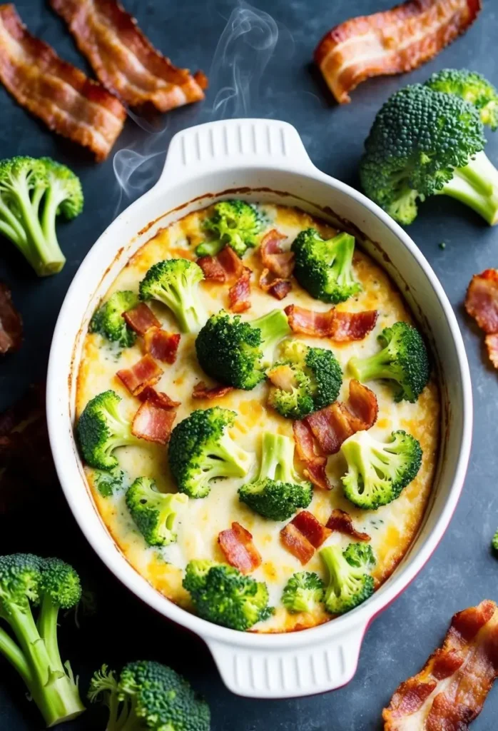 A steaming casserole dish filled with creamy broccoli and crispy bacon, surrounded by fresh broccoli florets and sizzling bacon strips