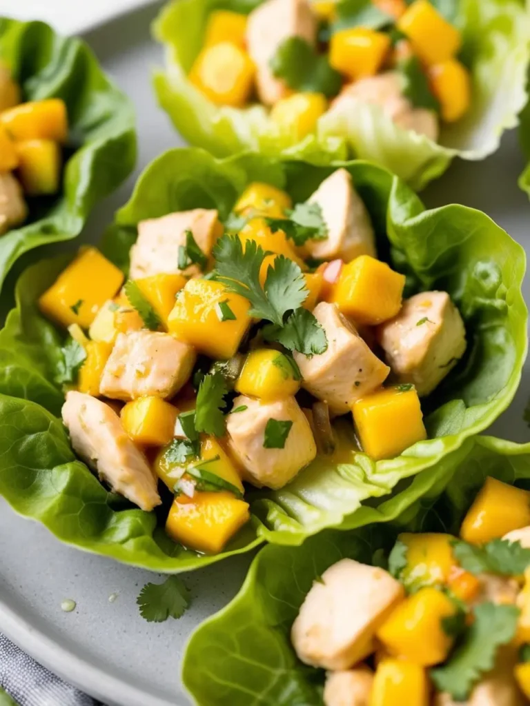 Lettuce wraps filled with chunks of chicken and mango, topped with fresh cilantro. The wraps look fresh, colorful, and perfect for a light and healthy meal.v