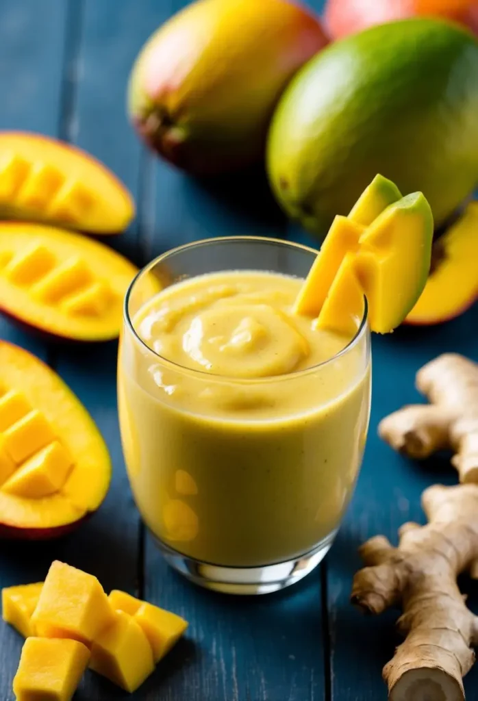 A glass filled with a vibrant yellow mango ginger smoothie surrounded by fresh mango slices and ginger root